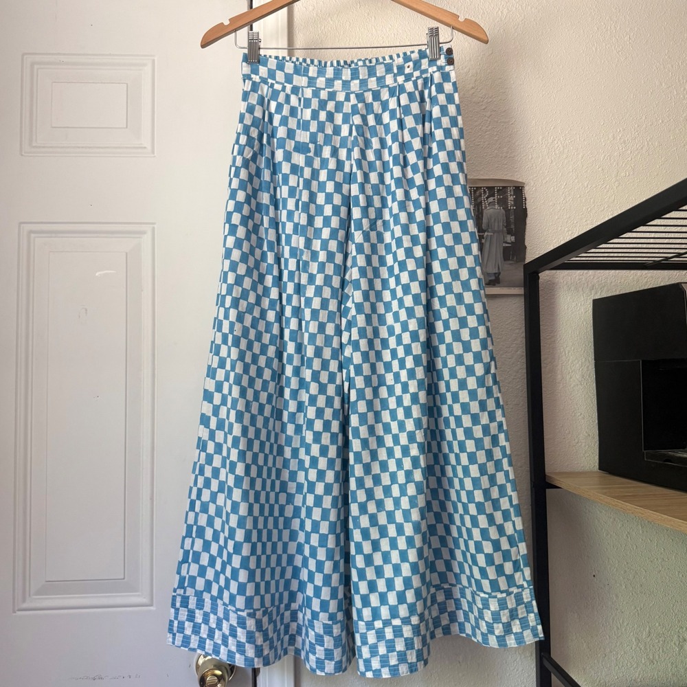 MAELU blue white checker checkered cotton high rise wide leg pull on pants